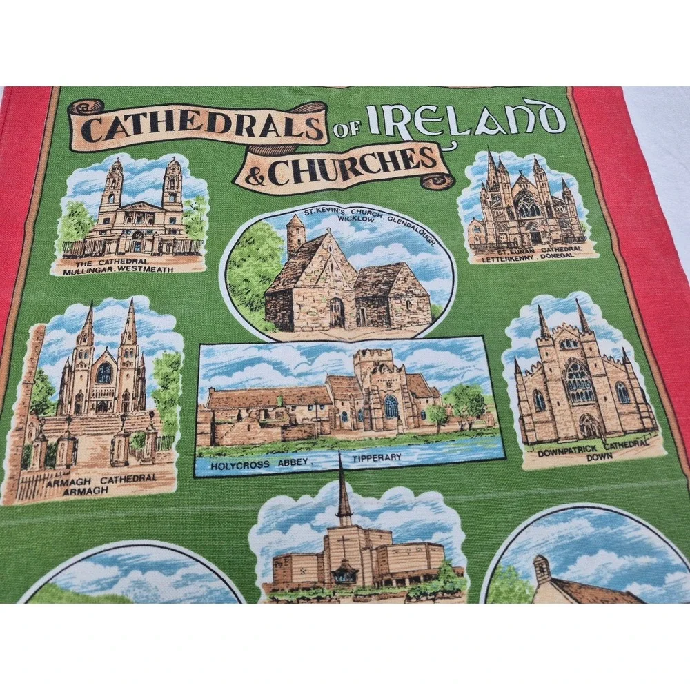 Cathedrals of Ireland & Churches Tea Towel Green Red Border Cotton